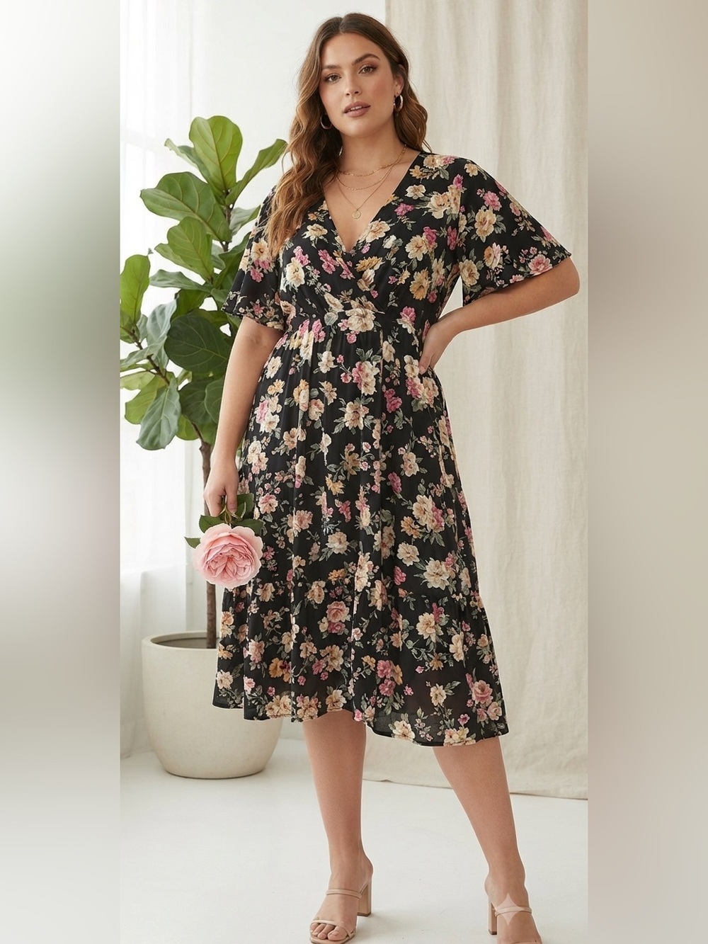 TORRID Black Floral V-Neck Midi Dress with Tie Waist Plus Size 12